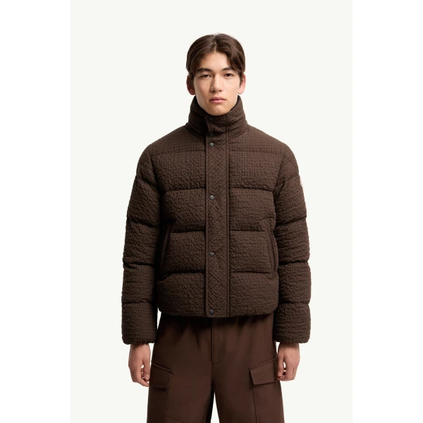 Moncler Oronte Cotton Flannel Short Down Jacket in Brown, view 4 | Men's Jackets | Coveti
