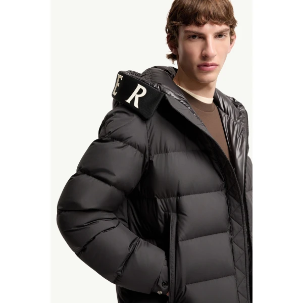 Moncler Orvelle Hooded Mid-Length Down Jacket in Black, view 6 | Men's Jackets | Coveti