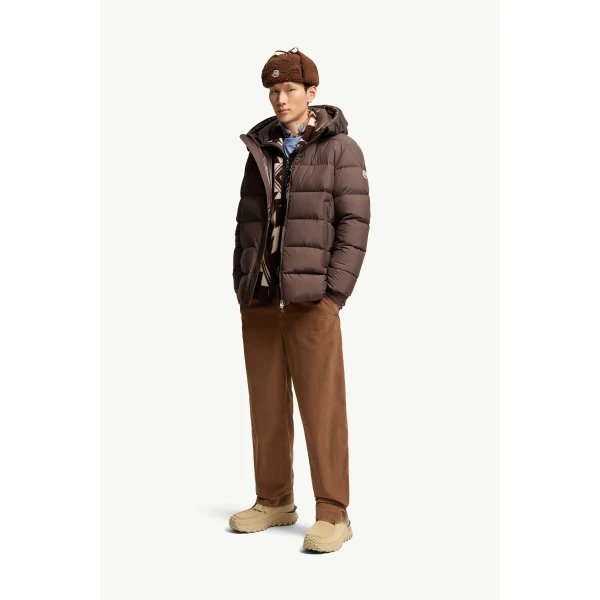 Moncler Orvelle Hooded Mid-Length Down Jacket in Brown, view 2 | Men's Jackets | Coveti