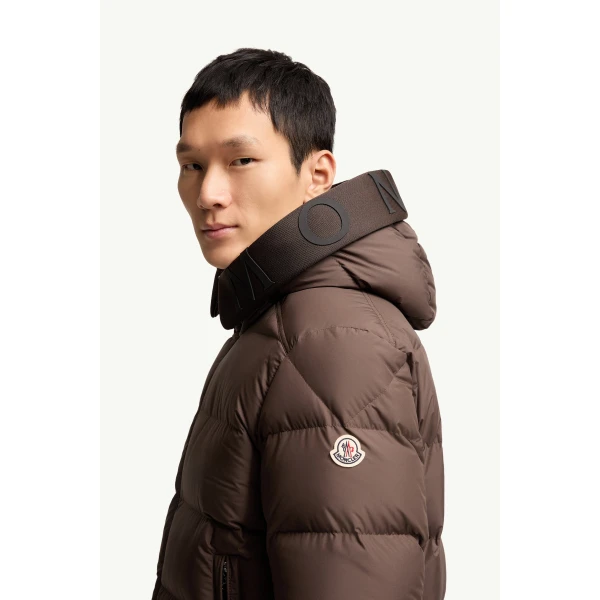 Moncler Orvelle Hooded Mid-Length Down Jacket in Brown, view 3 | Men's Jackets | Coveti