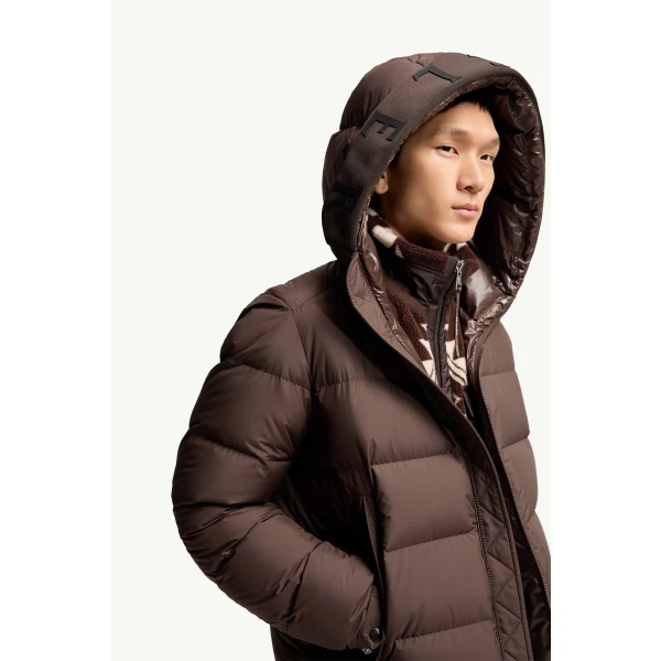 Moncler Orvelle Hooded Mid-Length Down Jacket in Brown, view 6 | Men's Jackets | Coveti