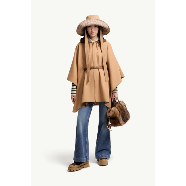 Moncler Padded Wool Blend Cape in Beige, view 2 | Women's Cape Coats | Coveti