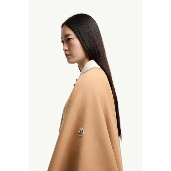 Moncler Padded Wool Blend Cape in Beige, view 3 | Women's Cape Coats | Coveti