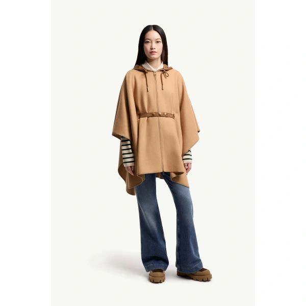 Moncler Padded Wool Blend Cape in Beige, view 4 | Women's Cape Coats | Coveti