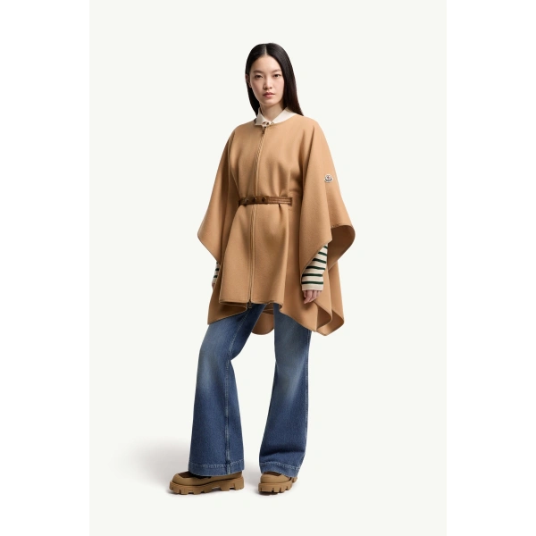 Moncler Padded Wool Blend Cape in Beige, view 6 | Women's Cape Coats | Coveti