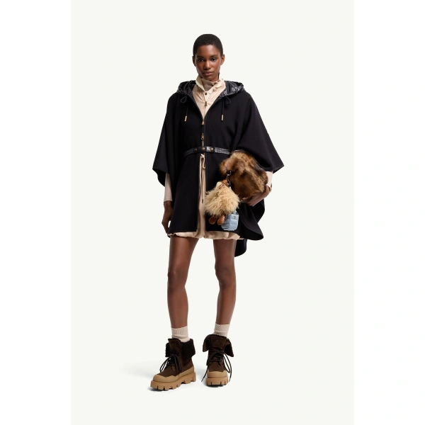 Moncler Padded Wool Blend Cape in Dark Blue, view 2 | Women's Cape Coats | Coveti