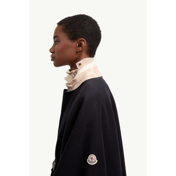 Moncler Padded Wool Blend Cape in Dark Blue, view 3 | Women's Cape Coats | Coveti