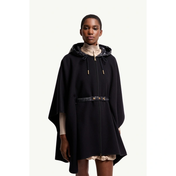 Moncler Padded Wool Blend Cape in Dark Blue, view 4 | Women's Cape Coats | Coveti