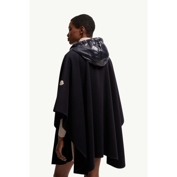 Moncler Padded Wool Blend Cape in Dark Blue, view 5 | Women's Cape Coats | Coveti