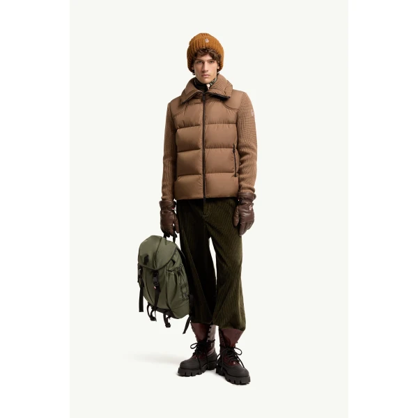 Moncler Padded Wool Zip-Up Cardigan in Light Brown, view 2 | Men's Knitwear | Coveti