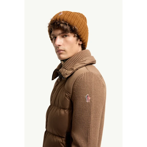 Moncler Padded Wool Zip-Up Cardigan in Light Brown, view 3 | Men's Knitwear | Coveti