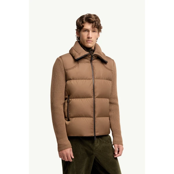 Moncler Padded Wool Zip-Up Cardigan in Light Brown, view 4 | Men's Knitwear | Coveti