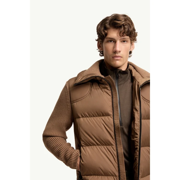 Moncler Padded Wool Zip-Up Cardigan in Light Brown, view 6 | Men's Knitwear | Coveti