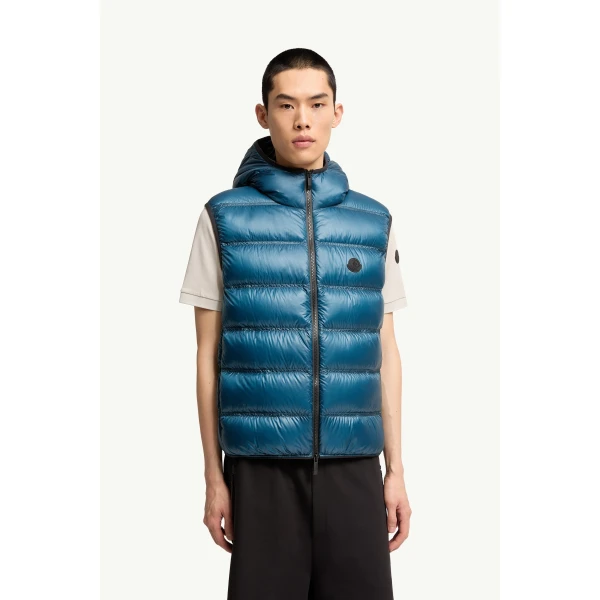 Moncler Panestrel Down Gilet in Teal Blue, view 4 | Men's Jackets | Coveti