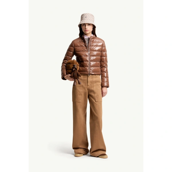 Moncler Papillon Short Down Jacket in Brown, view 2 | Women's Puffer Jackets | Coveti