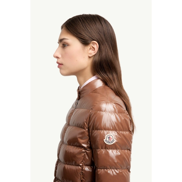 Moncler Papillon Short Down Jacket in Brown, view 3 | Women's Puffer Jackets | Coveti