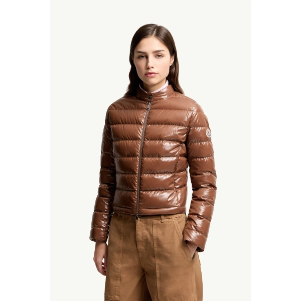 Moncler Papillon Short Down Jacket in Brown, view 4 | Women's Puffer Jackets | Coveti