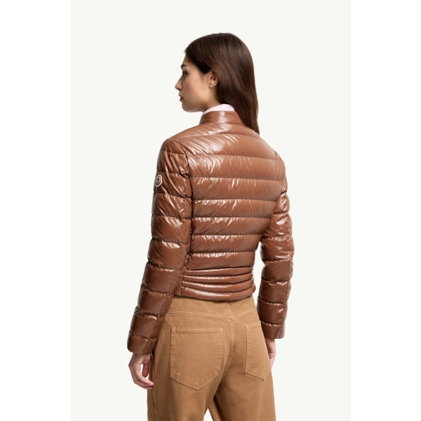 Moncler Papillon Short Down Jacket in Brown, view 5 | Women's Puffer Jackets | Coveti