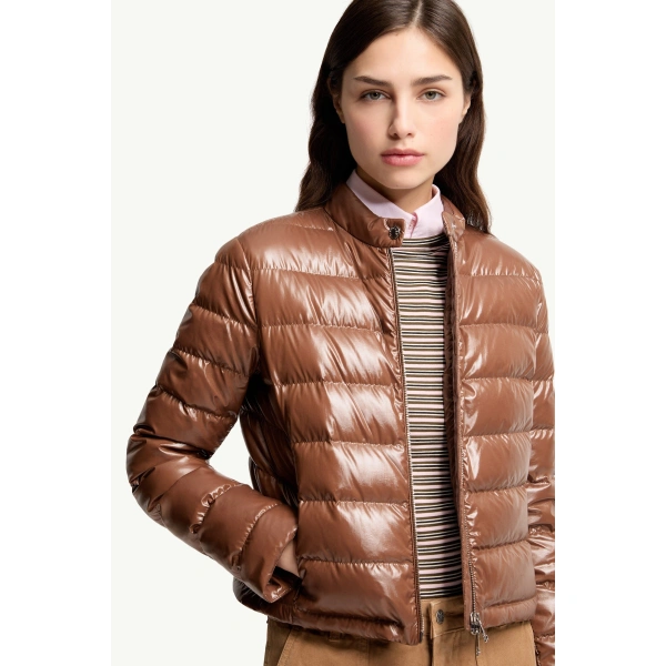 Moncler Papillon Short Down Jacket in Brown, view 6 | Women's Puffer Jackets | Coveti