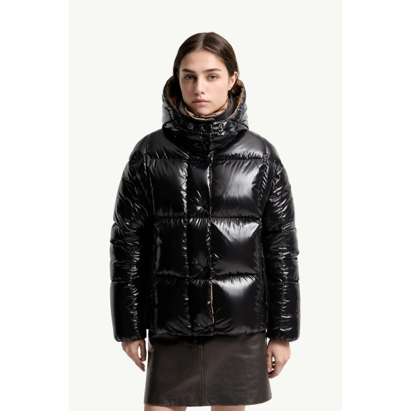 Moncler Parana Hooded Short Down Jacket in Black, view 4 | Women's Puffer Jackets | Coveti