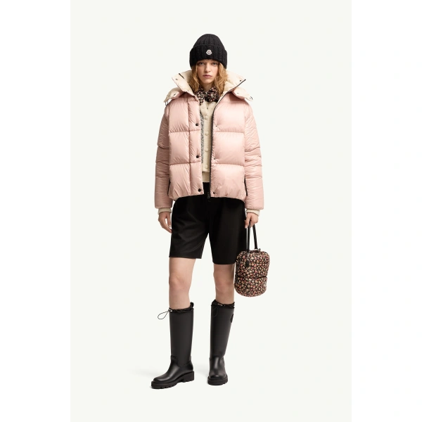 Moncler Parana Hooded Short Down Jacket in Light Pink, view 2 | Women's Puffer Jackets | Coveti