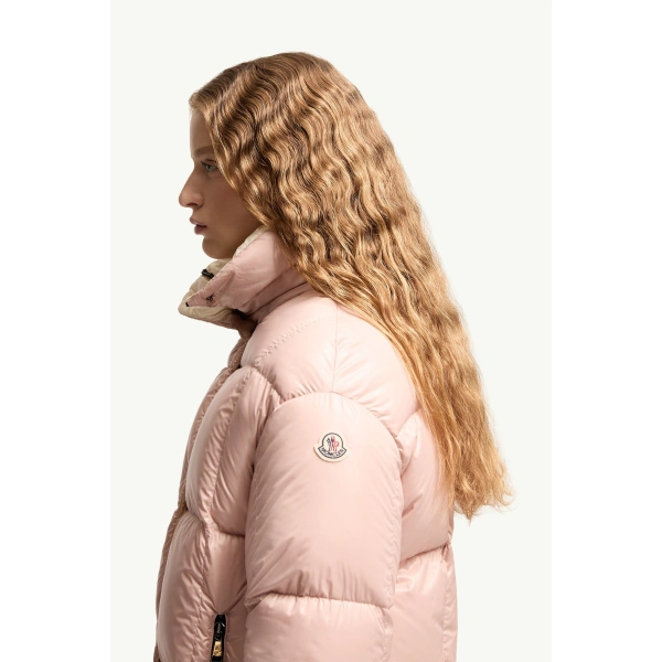 Moncler Parana Hooded Short Down Jacket in Light Pink, view 3 | Women's Puffer Jackets | Coveti