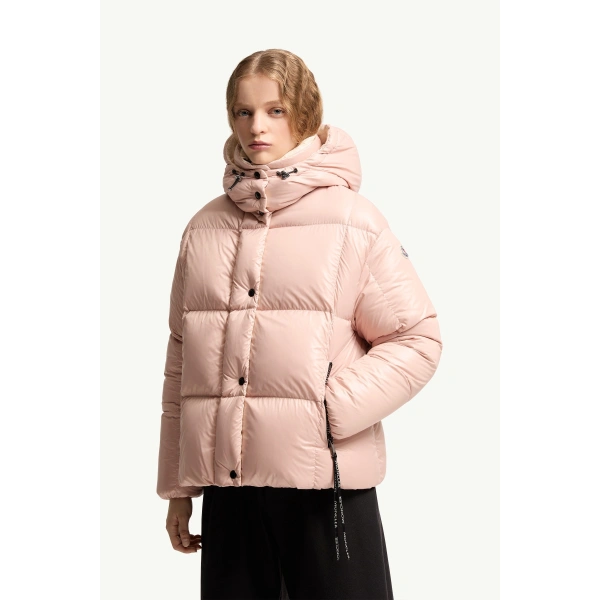 Moncler Parana Hooded Short Down Jacket in Light Pink, view 4 | Women's Puffer Jackets | Coveti