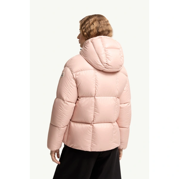 Moncler Parana Hooded Short Down Jacket in Light Pink, view 5 | Women's Puffer Jackets | Coveti