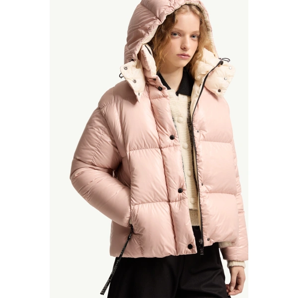 Moncler Parana Hooded Short Down Jacket in Light Pink, view 6 | Women's Puffer Jackets | Coveti