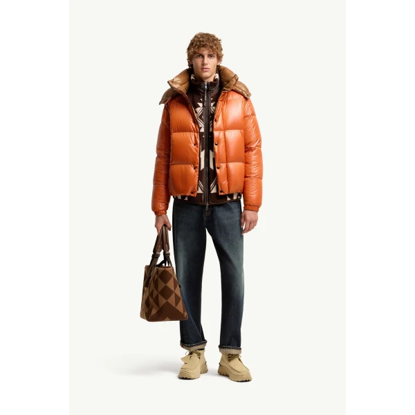 Moncler Parana Hooded Short Down Jacket in Orange, view 2 | Men's Jackets | Coveti