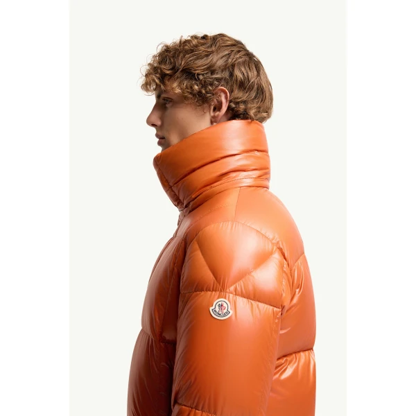 Moncler Parana Hooded Short Down Jacket in Orange, view 3 | Men's Jackets | Coveti
