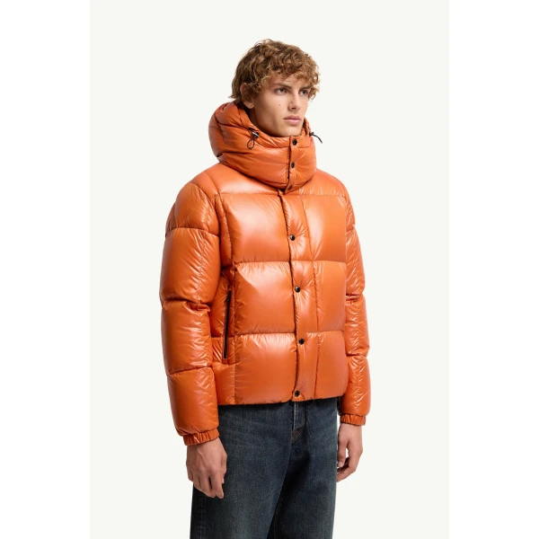 Moncler Parana Hooded Short Down Jacket in Orange, view 4 | Men's Jackets | Coveti