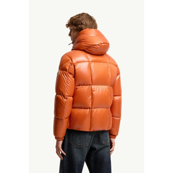 Moncler Parana Hooded Short Down Jacket in Orange, view 5 | Men's Jackets | Coveti