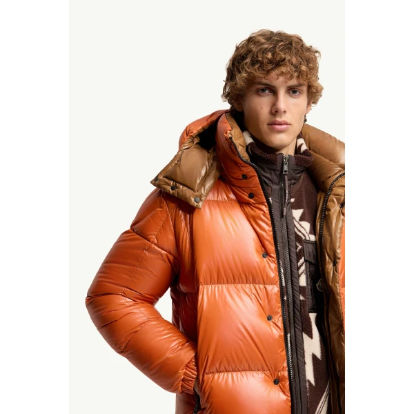 Moncler Parana Hooded Short Down Jacket in Orange, view 6 | Men's Jackets | Coveti