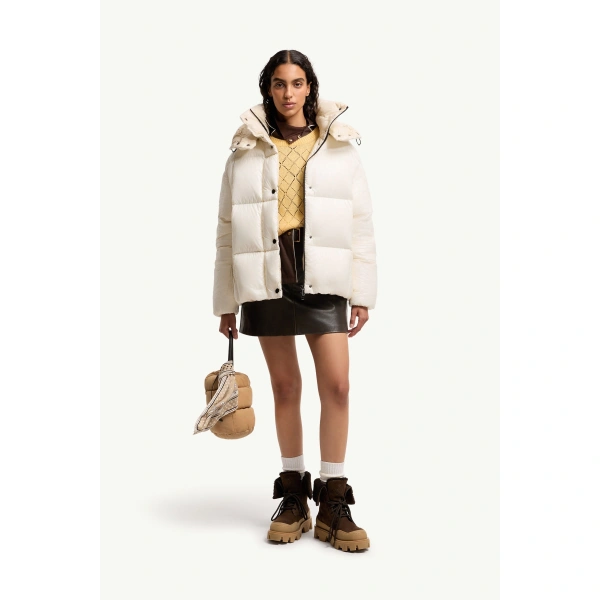 Moncler Parana Hooded Short Down Jacket in White, view 2 | Women's Puffer Jackets | Coveti