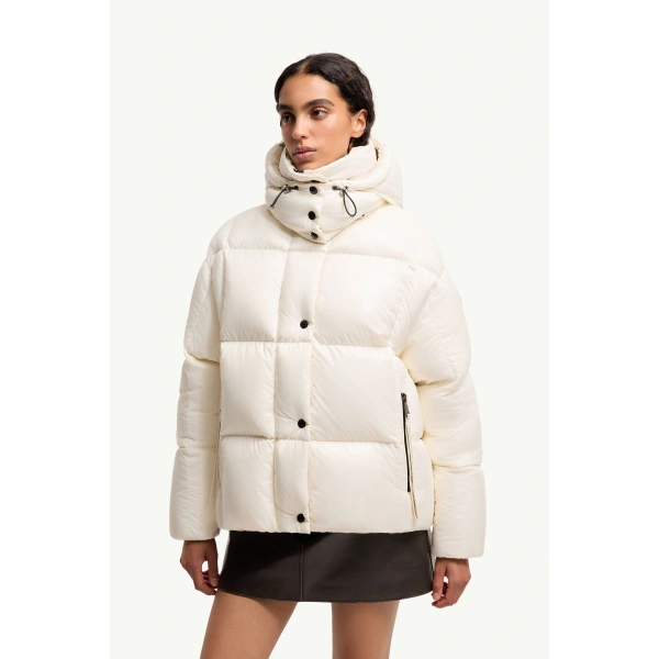 Moncler Parana Hooded Short Down Jacket in White, view 4 | Women's Puffer Jackets | Coveti