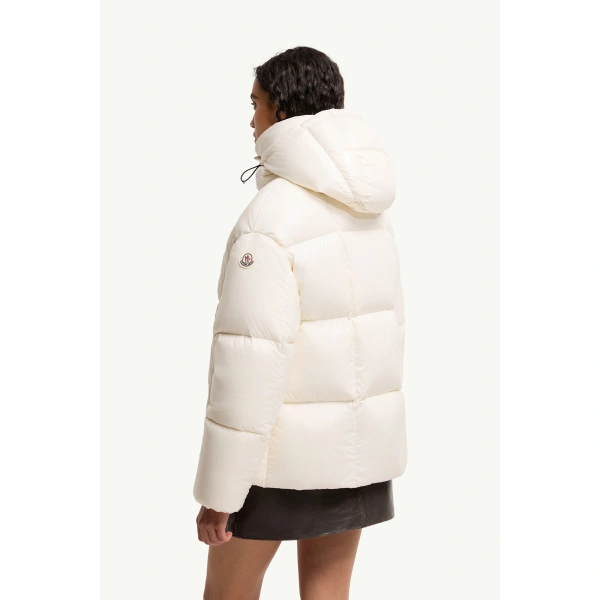 Moncler Parana Hooded Short Down Jacket in White, view 5 | Women's Puffer Jackets | Coveti