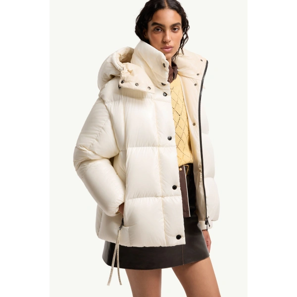 Moncler Parana Hooded Short Down Jacket in White, view 6 | Women's Puffer Jackets | Coveti