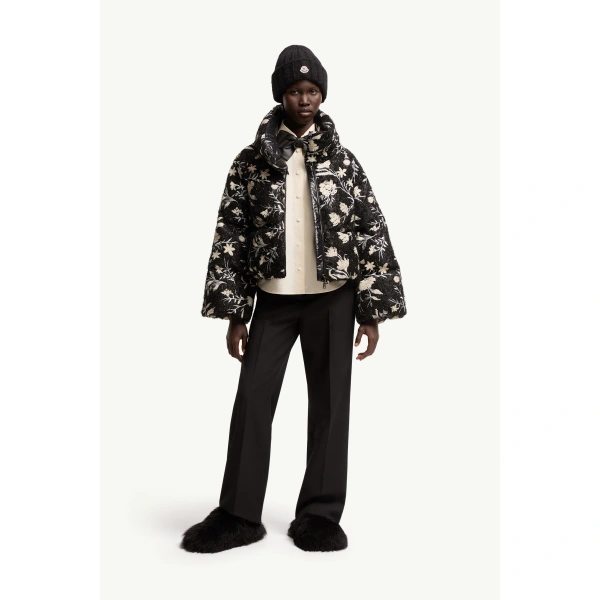 Moncler Perroquet Floral Sequin Short Down Jacket in Black, view 2 | Women's Puffer Jackets | Coveti