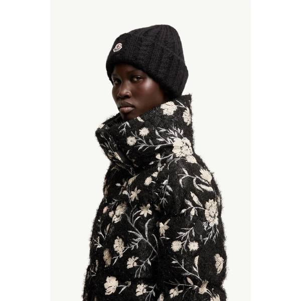 Moncler Perroquet Floral Sequin Short Down Jacket in Black, view 3 | Women's Puffer Jackets | Coveti