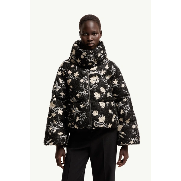 Moncler Perroquet Floral Sequin Short Down Jacket in Black, view 4 | Women's Puffer Jackets | Coveti