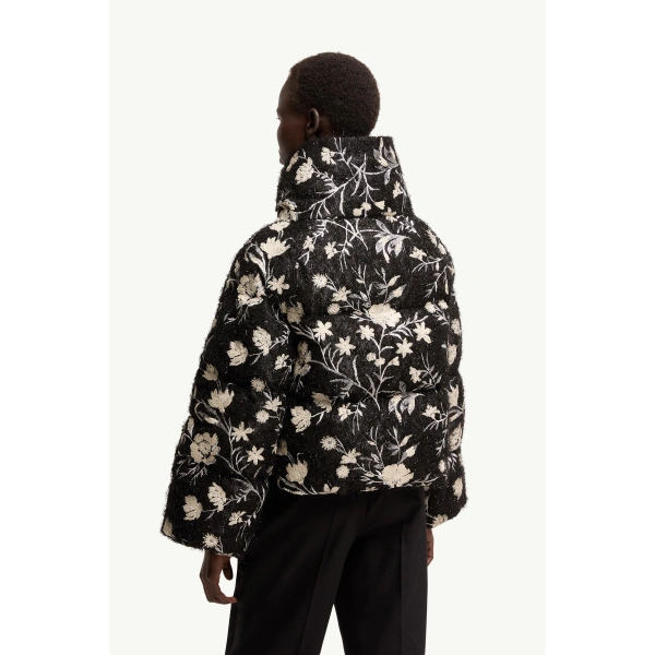 Moncler Perroquet Floral Sequin Short Down Jacket in Black, view 5 | Women's Puffer Jackets | Coveti
