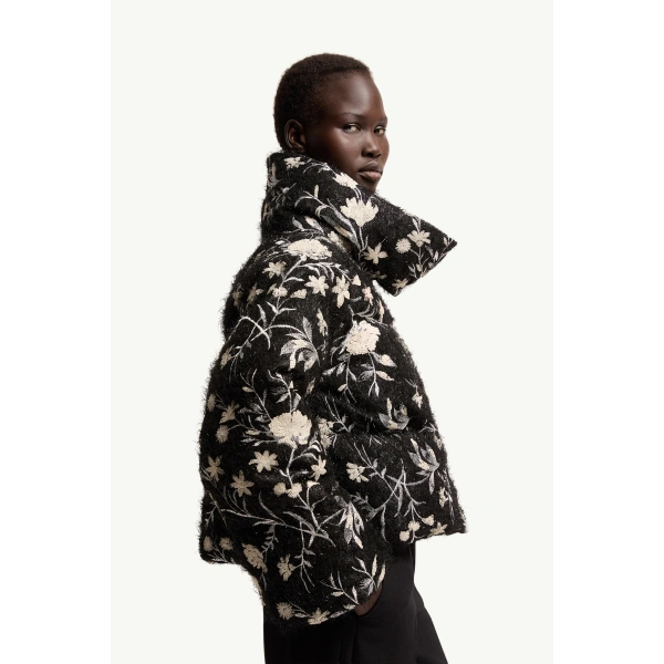 Moncler Perroquet Floral Sequin Short Down Jacket in Black, view 6 | Women's Puffer Jackets | Coveti