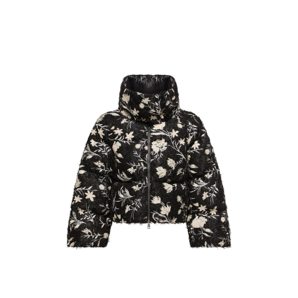 Moncler Perroquet Floral Sequin Short Down Jacket in Black | Women's Puffer Jackets | Coveti