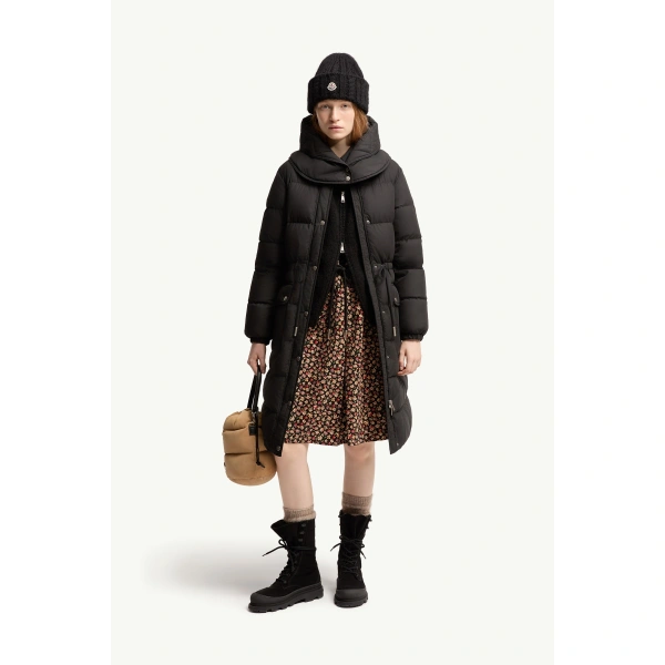 Moncler Pic Hooded Long Down Jacket in Black, view 2 | Women's Puffer and Down Coats | Coveti