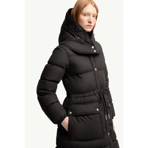 Moncler Pic Hooded Long Down Jacket in Black, view 6 | Women's Puffer and Down Coats | Coveti