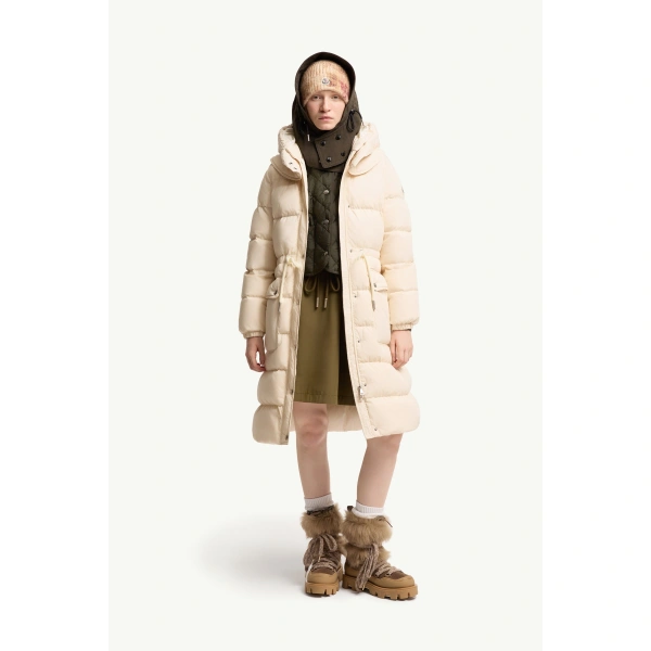 Moncler Pic Hooded Long Down Jacket in White Ivory, view 2 | Women's Puffer and Down Coats | Coveti