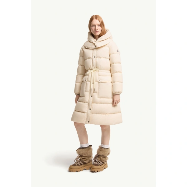 Moncler Pic Hooded Long Down Jacket in White Ivory, view 4 | Women's Puffer and Down Coats | Coveti