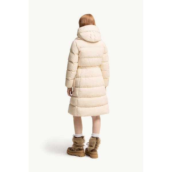 Moncler Pic Hooded Long Down Jacket in White Ivory, view 5 | Women's Puffer and Down Coats | Coveti