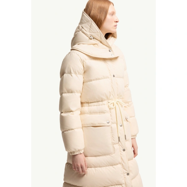 Moncler Pic Hooded Long Down Jacket in White Ivory, view 6 | Women's Puffer and Down Coats | Coveti
